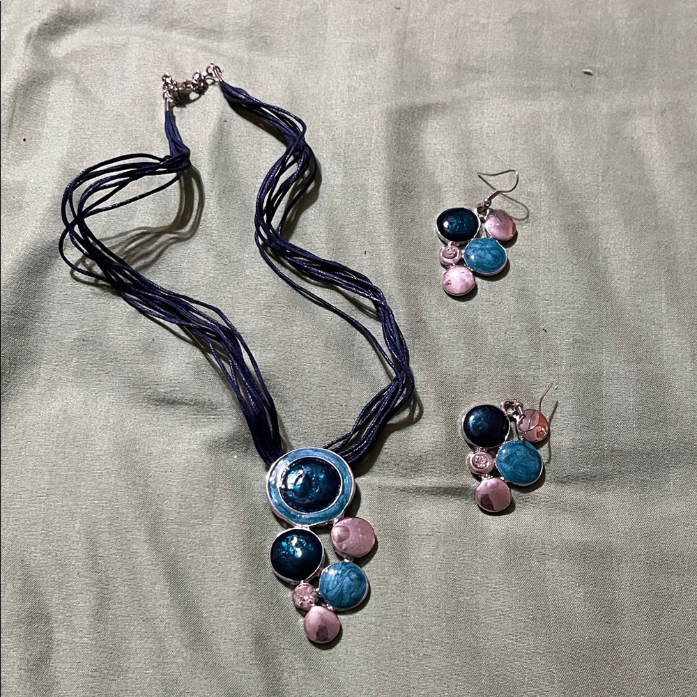 Blue and Silver Enamel Pendant Necklace and Earring Set